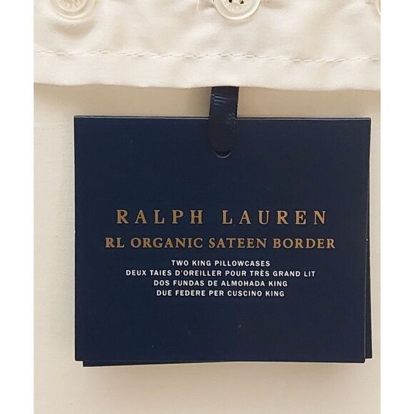 Ralph Lauren Organic Sateen Border 100% Cotton Two King Pillowcases PARCHMENT - Picture 6 of 8